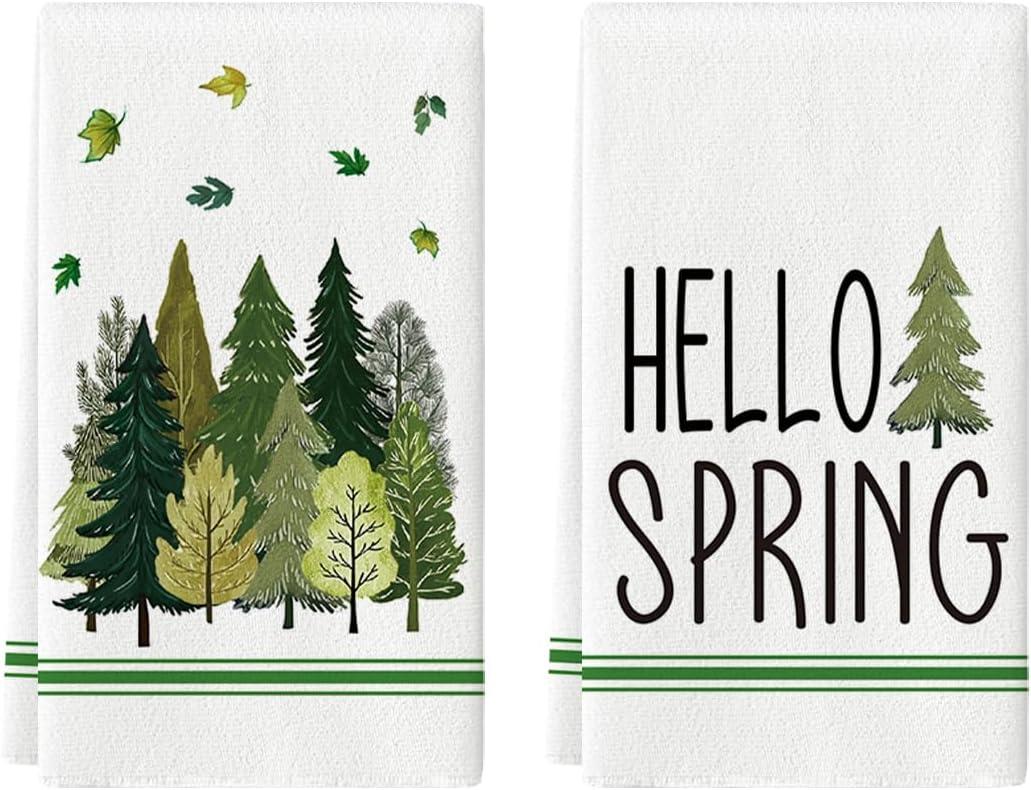 2 x Artoid Mode Beige Leaves Pine Tree Hello Spring Kitchen Towels Dish Towels, 18x26 Inch Farmhouse Summer Decoration Cleaning Set of 2