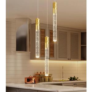 3-Lights Glam Crystal Linear Ceiling Pendant Lighting for Kitchen Modern Chandelier Living Dining Room Antique Gold LED Dimmable Lights