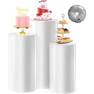 [Upgrade Thickened] Cylinder Pedestal Stands for Party 3PCS, Large White Cake Pedestal Stand with Weighted Water Bag, Round Cylinder Tables for Wedding , Birthday, Party Art Decor, Floral Arrangements (White)