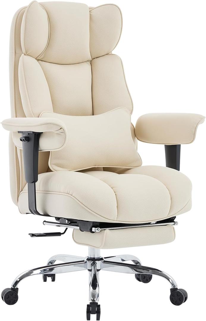 Efomao Big and Tall Office Chair with Footrest - Breathable Mesh Executive Chair, Heavy Duty Computer Desk Chair for Home Office, Ergonomic Lumbar Support & Reclining Mesh Gaming Chair, Beige