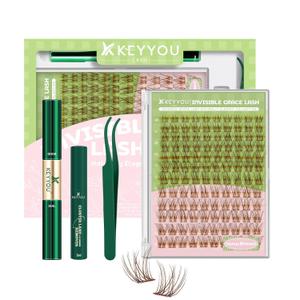 KEYYOU Venus Brown Lash Clusters Kit Fairy Lash Extension Kit C Curl 120Pcs 8-16MIX Eyelash Extension Wispy Natural Invisible Band Lash with Waterproof DIY Lash Extension Kit at Home
