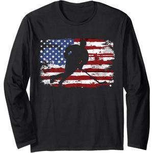 Ice Hockey Vintage American Flag Long Sleeve T-Shirt (Black, XXL)
