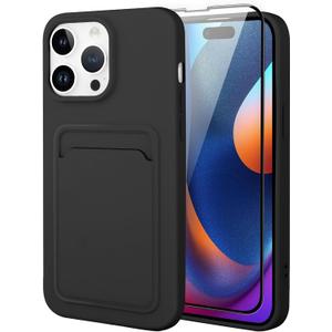 MZELQ Silicone Compatible with iPhone 15 Pro Max Case, Card Holder Camera Protection Cover + Screen Protector, Card Slot Case Designed -Black