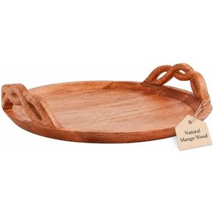 Mud Pie Round Mango Wood Serving Tray with Braided Handles, 18 Inch