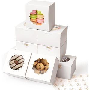4-Inch Small Cookie Boxes 100 Pcs White - Bakery Treat Boxes with Window for Gifting, To-go Containers for Cake Slice, Macarons, Donuts 4x4x2.5