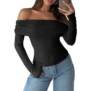 ANRABESS Long Sleeve Shirt for Women 2025 Fall Off Shoulder Slim Fit Tee Top Sexy Going Out Ruched Blouses Y2K Trendy Clothes, M