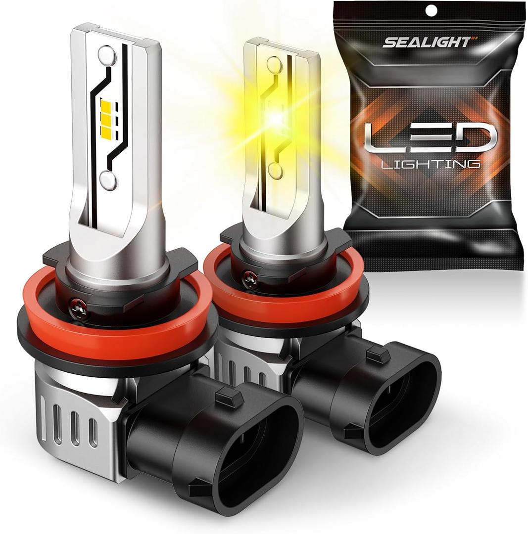 SEALIGHT H11 LED Fog Light Bulbs Yellow, 12000LM H8 H16 H11 Yellow LED Fog Light Bulb 600% Brightness Upgrade, 1:1 Size 100% Installation for Trucks Cars, 3000K Amber Yellow, Pack of 2