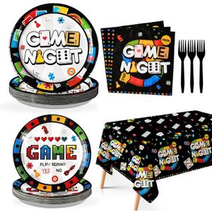 Grencian 98Pcs Family Game Night Party Decorations Game Night Plates Napkins Tablecloths Disposable Gaming Paper Tableware Set for Birthday Kids Adults Family Gaming Party Supplies, Serves 24