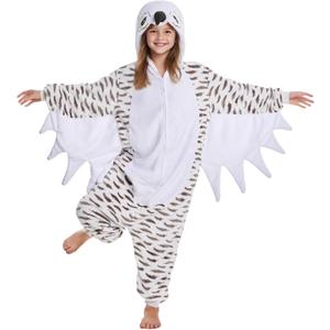 Kgromfy Unisex Owl Costume for Kids Halloween Outfit Teens Novelty Animal Cosplay Jumpsuit Comfy Flannel Homewear (White)