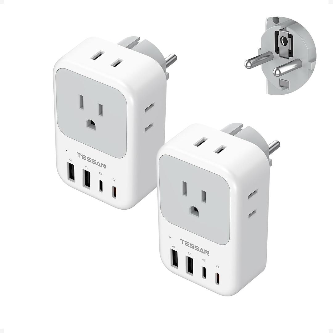 TESSAN Type F Plug Adapter 2 Pack, PD 20W South Korea Outlet Adapter with 4 AC Outlets 4 USB Ports (2 USB C), Type E Power Adaptor for US to Europe Spain Germany France Iceland Greece Russia Norway