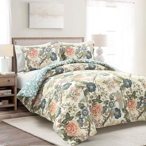 Lush Decor Sydney Reversible 100% Cotton Duvet Cover Set, 3 Piece Set, King, Green & Blue - King Bedding Set - Vintage, Cottage, Coquette Bedroom Decor