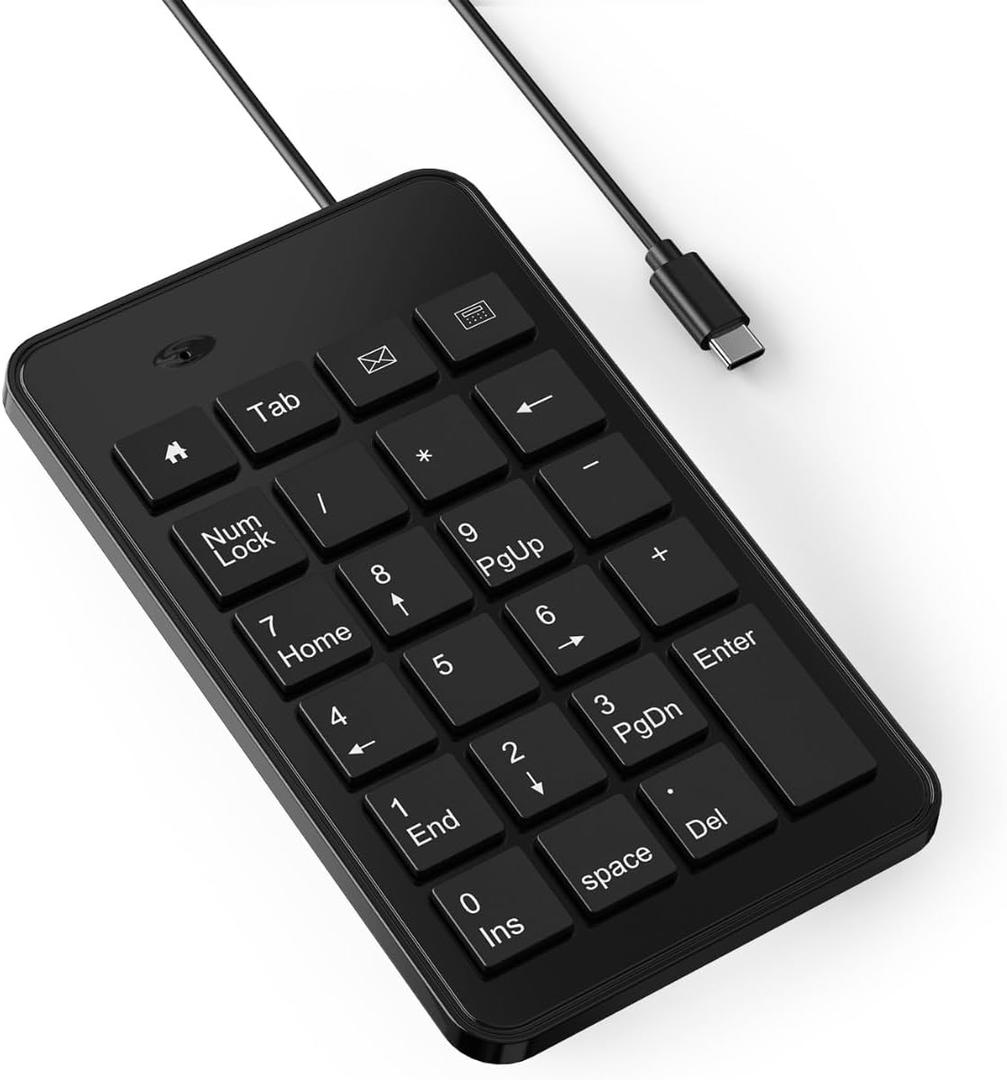 CBUS Wired USB-C Numeric Keypad for Laptop, 23 Keys Numpad Keyboard with Tab, Home, Email & Calculator Keys, 5ft Cable, Small and Lightweight Design