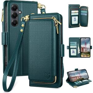DJBEAR for Samsung Galaxy S25 Wallet Case for Men & Women, All-in-One Flip Folio Cover with 9 Card Slots, Zipper Pocket, Detachable Wrist Strap, Full Body Protection for Samsung S25 Sea Green