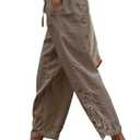 Acelitt Women's Trendy Casual Linen Pants Lightweight Drawstring Elastic Waist Summer Trendy Ankle Cropped Pants Trousers Khaki XXL