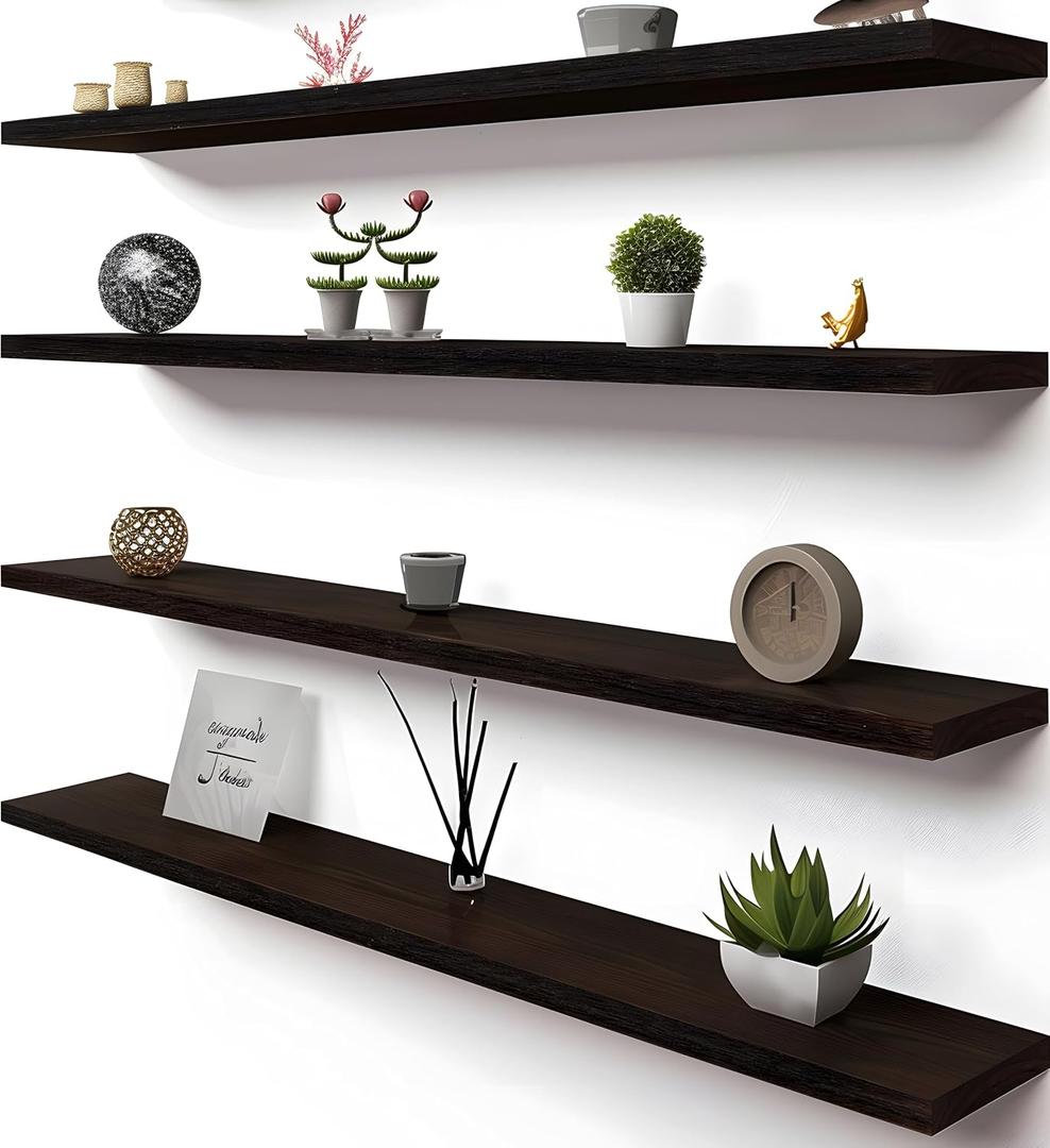 48 Inch Brown Wood Floating Shelves for Wall Rustic Wall Shelf for Bedroom Living Room Set of 4, 48Incn