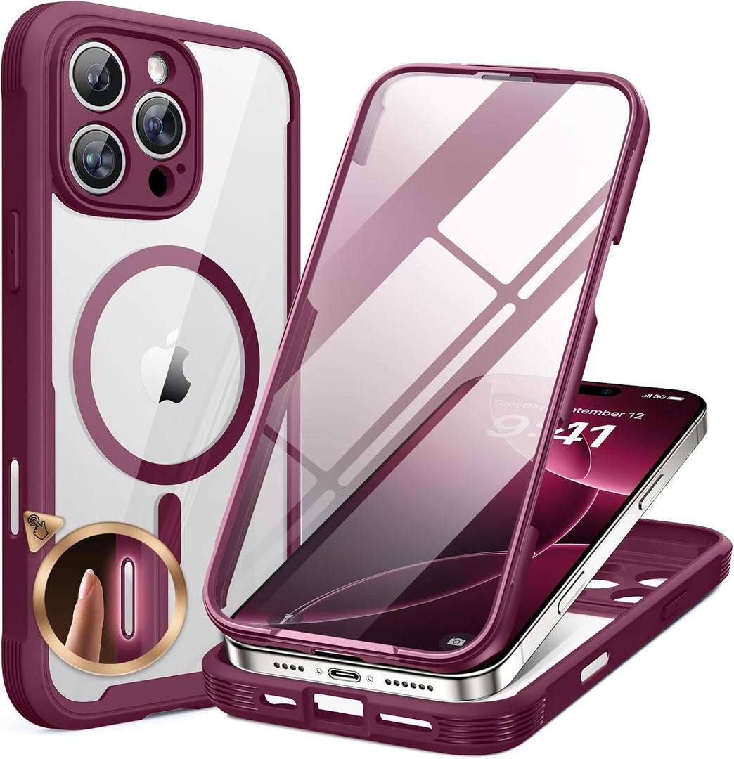 Miracase for iPhone 16 Pro Max Case 6.9'', [Bubble Free] Full-Body Bumper Phone case with Built-in Full Glass Screen &Lens Protector,Compatible with MagSafe,Drop Proof 16 Pro Max Cover,Plum (iPhone 16 Pro Max 6.9", Magnetic Plum)