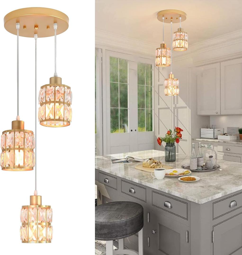 Modern Gold Crystal Pendant Light Fixture - 3-Light Adjustable Hanging Lamp for Kitchen Island, Dining Room, Living Room & Bedroom | Dimmable, Quick Install Farmhouse & Industrial Pendant Lighting
