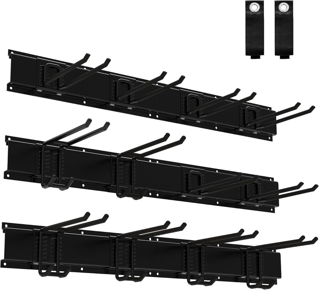 Garage Tool Organizer Wall Mount 96 Inch Garden Yard Tool Organizer Adjustable Tool Hangers Wall Shovel Holder 6 Plates & 12Hooks & 2 Webbings Heavy Duty Tool Rack - 600lbs Max Load