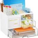 Marbrasse Desk Organizer with 3 Drawer, Multi-Functional Pencil Pen Holder for Desk, Desk Organizers and Accessories with 4 Compartments, Desktop Organizer Storage for Office Home Art Supplies (White)