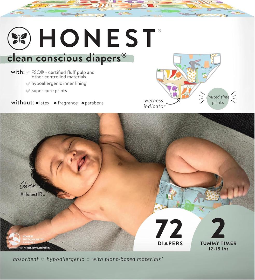 The Honest Company Clean Conscious Diapers for Sensitive Skin | Hypoallergenic, Fragrance Free | Spring '25 Limited Edition Prints | Club Box, Size 2 (12-18 lbs), 72 Count