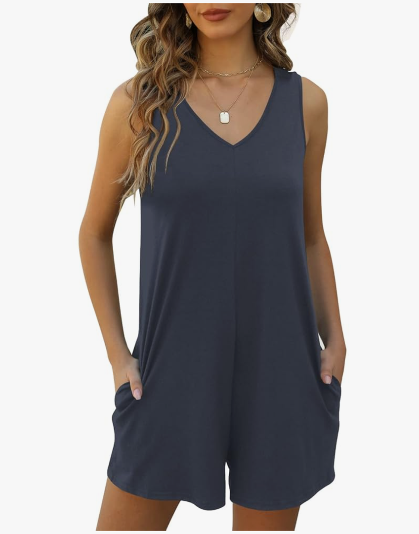 Women's Summer V Neck Tank Top Romper Sleeveless Loose Casual Shorts Jumpsuit Overalls with Pockets 2025 Clothes, Size L