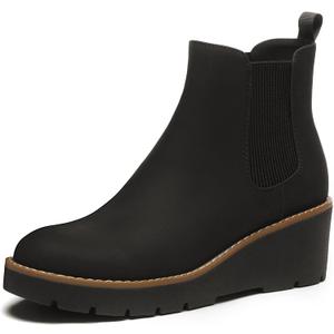 Athlefit Women's Chelsea Wedge Boots Elastic Platform Lug Sole Slip on Wedge Ankle Booties (8, Black)