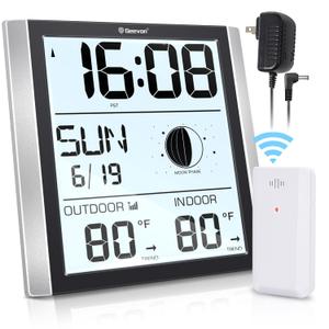 Geevon Atomic Wall Clock with Backlight, Auto-Set Digital Atomic Clock with Indoor Outdoor Temperature,Calendar,Moon Phase for Home Office Elderly(1 Wireless Outdoor Sensor)