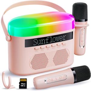 Karaoke Machine for Kids & Adults with 2 Wireless Mics 2400mAh Portable Bluetooth Karaoke Speaker with Timer White Noise & Night Light High Power Dual Speaker LED Display Home & Outdoor Party - Pink