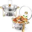 GarveeHome Chafing Dish Buffet Set 2 Pack 5 QT, Stainless Steel Round Chafing Dishes for Buffet With Lid Holder & Glass Lid, Buffet Servers and Warmers for Parties, Wedding, Camping, Dinner, Gold
