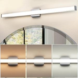 Modern LED Bathroom Vanity Light 48 inch 32W Dimmable 3CCT Bathroom Light Fixture Over Mirror Rectangle Bath Vanity Light Bar with Double Layer Acrylic Shade (Chrome)