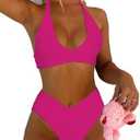 Syshrendy Women's Sexy High Leg Triangle Halter Bikini Set Padded Cup Bikini Cheeky Swimsuit V Cut Thong Bathing Suit Medium