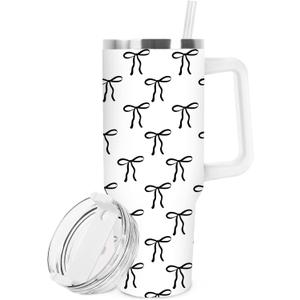 Black Bow Tumbler with Straw and Lid Cute Bow Knot Stainless Steel Travel Coffee Tumbler Cup with Handle for Coquette Party Home Office Supplies
