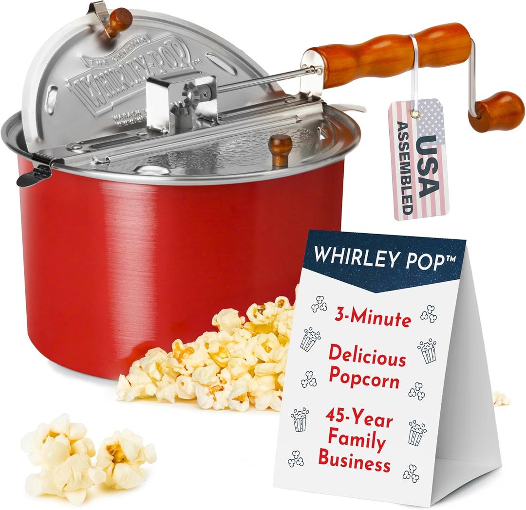 Original Whirley Pop Popcorn Maker - 6 Quart Popcorn Popper, Aluminum Popcorn Maker With Metal Gears, Wabash Valley Farms Stove Top Popc Maker, Gourmet Popcorn Pot, Culinary Popcorn Popper (Red)