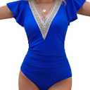 Edelqual Women's Tankini Swimsuits Two Piece Swim Bathing Suit Tummy Control Modest Full Coverage Ruffle Sleeve Swimwear (Medium, Blue)