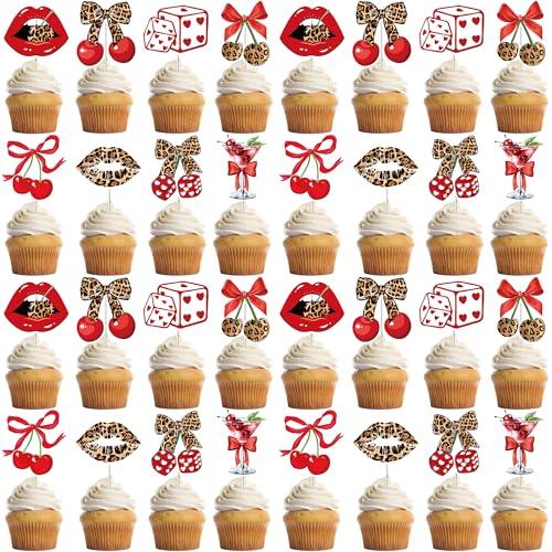 FodeMoraka Cheetah Print Birthday Decorations - 32 Pcs Red Leopard Cherries Cupcake Toppers Set With Lips Cake Cupcakes Dessert Decor Sweet Vintage Party Supplies for Women Girls Night Bachelorette