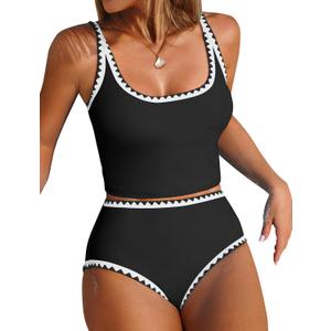 ZAFUL Tankini Swimsuit Tummy Control Bathing Suits Two Piece Swim Top with High Waisted Bottom (Black, XL)