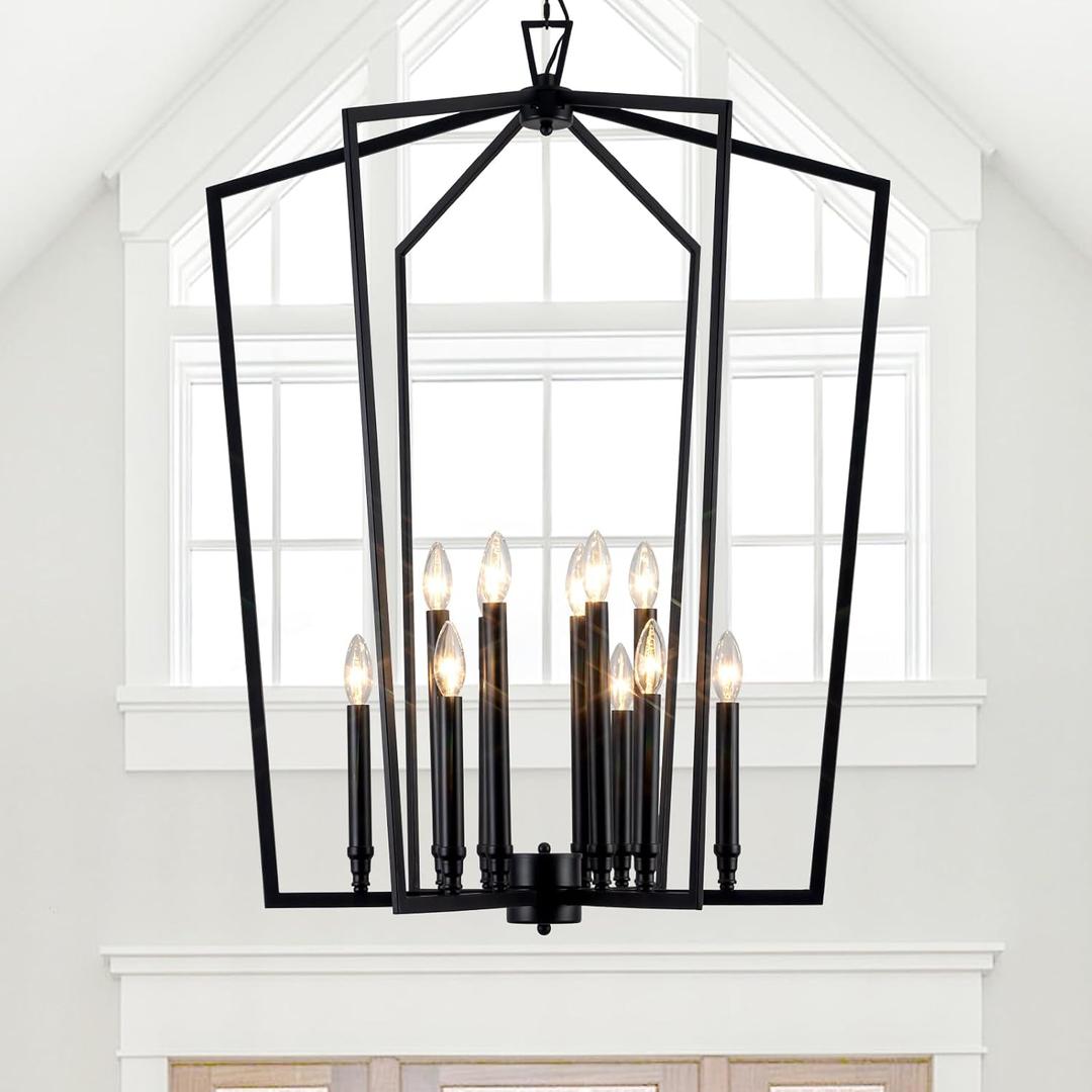 Vezzio Modern Large Black Lantern Foyer Entryway Chandelier | D30 Inch Modern Industrial 12-Light Pendant Light for High Ceiling, Dining Room, Kitchen Island, Hallway, Staircase
