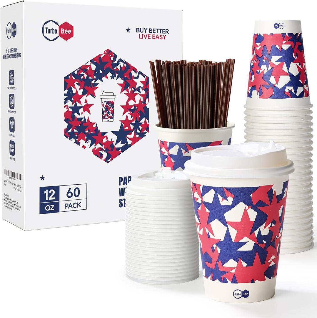 Turbo Bee 12 OZ Disposable Coffee Cups with Lids, 60 Pack To Go Hot Coffee Cups with Lids and Straws for Travel, Party, Restaurants and Business