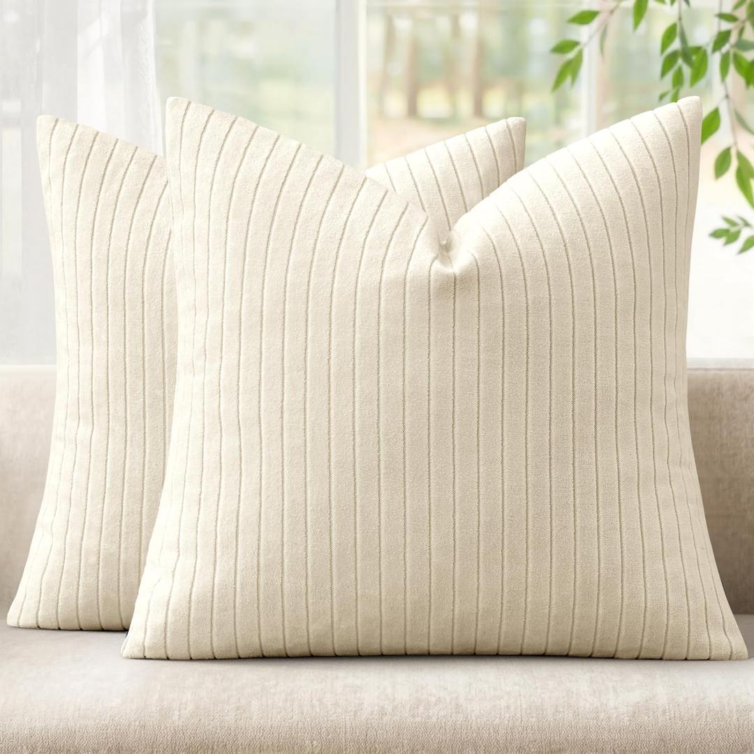 MIULEE Set of 2 Cream Decorative Throw Pillow Covers 18x18 Inch, Thick Soft Textured Striped Cushion Covers, Modern Solid Color Farmhouse Boho Pillow Case for Sofa Couch Bed Living Room