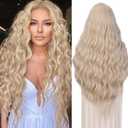 Quantum Love 28 Inches Curly Platinum Blonde Wig Long Wavy lace front Blonde Wig for Women Synthetic Middle Part Cosplay Wigs for Halloween Daily Party Use