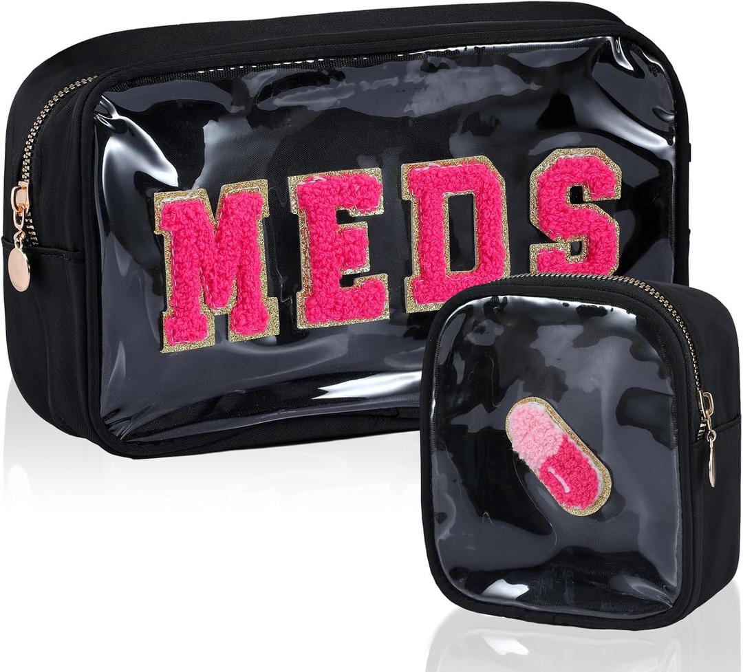 Hillban 2 Pcs Medicine Bag Chenille Letter Patch Meds Bags Travel Cases Preppy Clear Nylon Portable Makeup Bags Zipper Cosmetic Toiletry Storage for Women PVC Transparent Mini First Aid Bag(Basic)