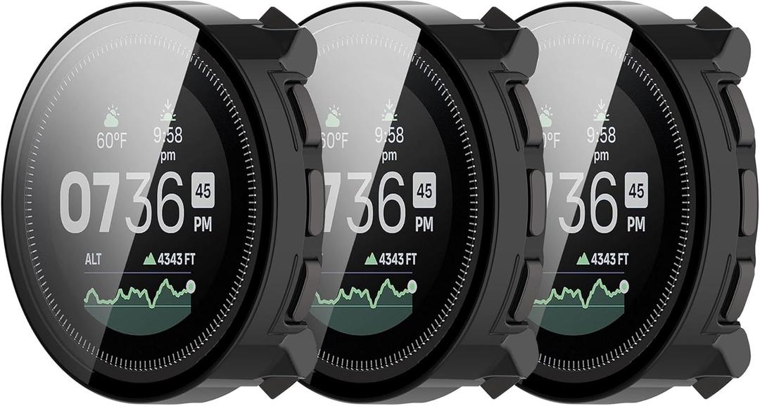 Compatible with SUUNTO Vertical Screen Protector Case, FitTurn Replacement Color PC Bumper with Tempered Glass Full Cover Film Accessories (Black)