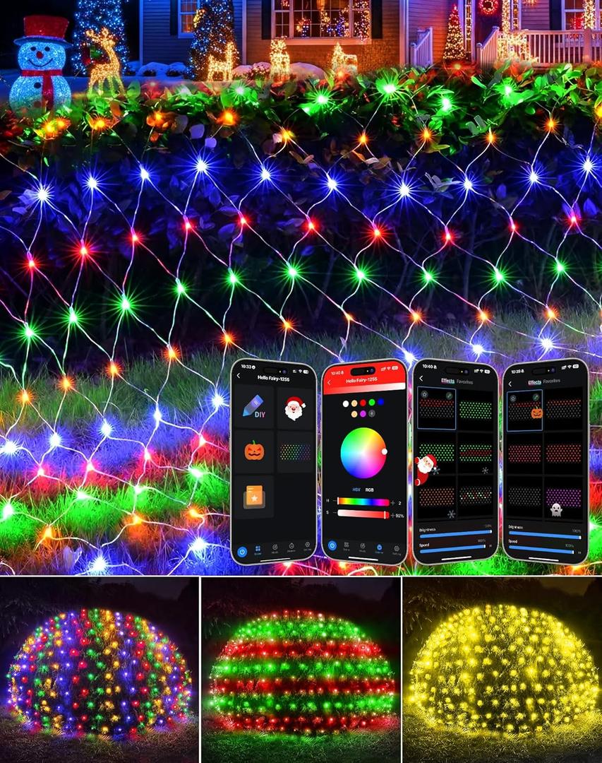 4 x 6FT Christmas RGB Net Lights Outdoor with Smart APP Remote Control, DIY Color Changing 150 LEDs Smart Mesh Lights for Bushes, Waterproof Christmas Mesh Light with Timer Music for Tree, Fence, Bush