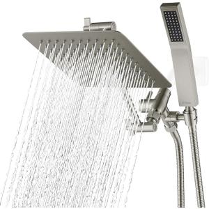 G-Promise All Metal 8 Inch Dual Square Shower Head with Handheld Spray Combo, Rain Shower Head, Adjustable Extension Arm, 3-Way Diverter, 71 Inch Extra Long Hose - A Bathroom Upgrade (Brushed Nickel)
