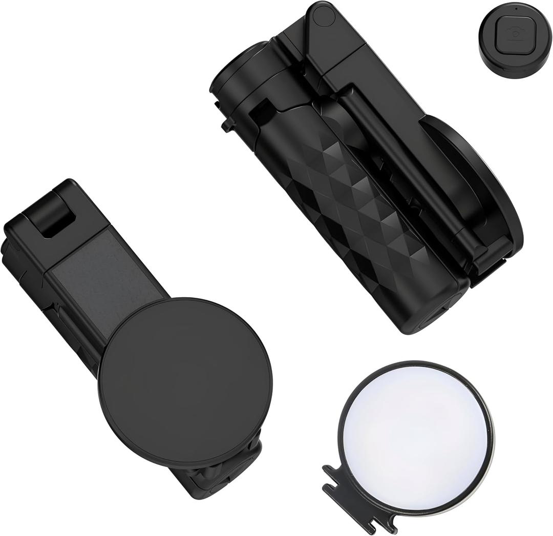 2026 New Pocket Selfie Stick: Magnetic/Clamp Dual Mount, Multi-Angle, Tripod, Wireless Remote, Fill Light, Vlogging Essential| for iPhone & Android. Carry on Selfie (Black)