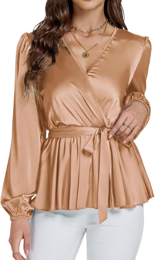 LYANER Women's Satin Silky Wraped V Neck Waist Tie Pleated Long Sleeve Blouse Shirt Top (Beige) L