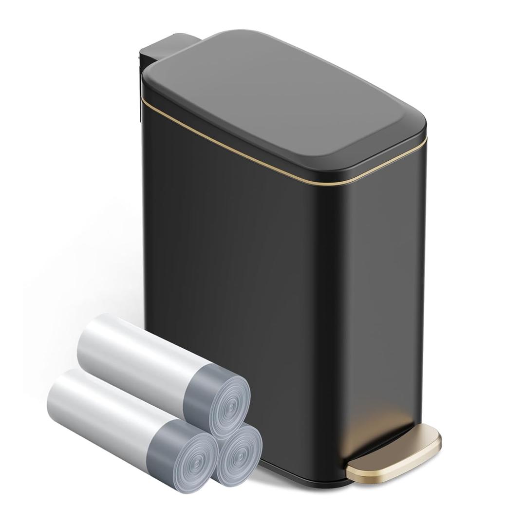 Small Bathroom Trash Can with Lid Soft Close, Step Pedal, 6L / 1.6 Gal Stainless Steel Garbage Bin with Removable Inner Bucket, Slim Wastebasket for Narrow Spaces (Black)