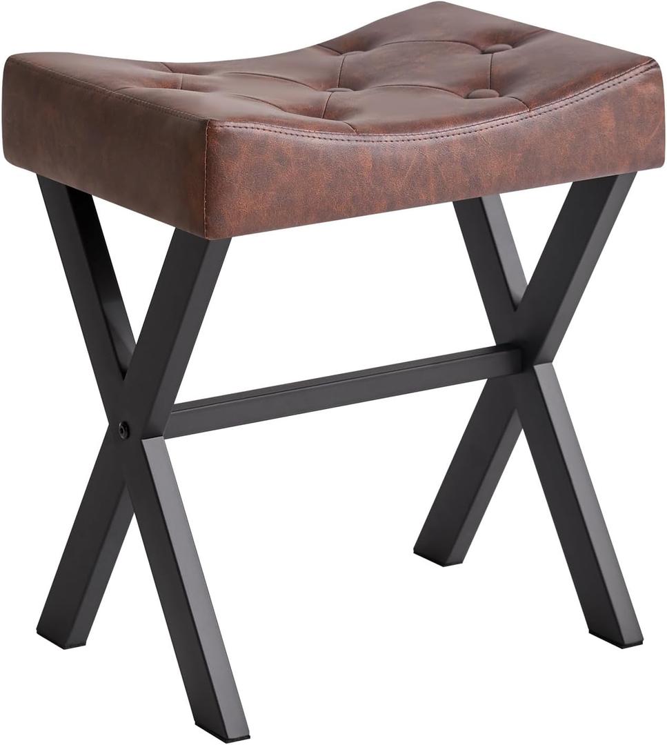 IBUYKE UShaped PU Vanity Stool, Square Makeup Chair with XLeg, Ottoman Seat Footrest Stool, MultiUse as Small Side Table, for Bedroom, Living Room, Dark Brown WBD019Z