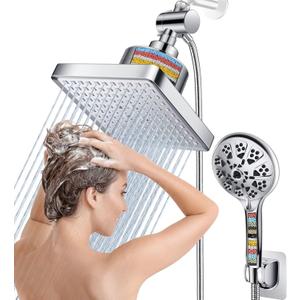 Dual Filtered Rain Shower Head Combo, High Pressure 10 Modes Handheld Shower Head Built in Water Filtration, 6 inch Rainfall Shower Head with Filter for Hard Water (Chrome)