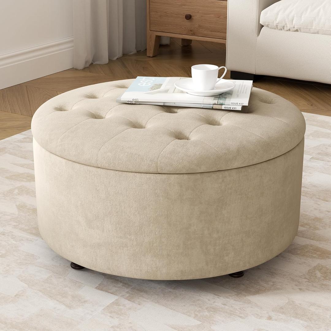 30 Inch Round Storage Ottoman,Modern Tufted Ottomans,Circular Coffee Table with Removable Top,Upholstered Large Ottoman with Storage Footrest Stool for Bedroom Living Room, Lightbrown